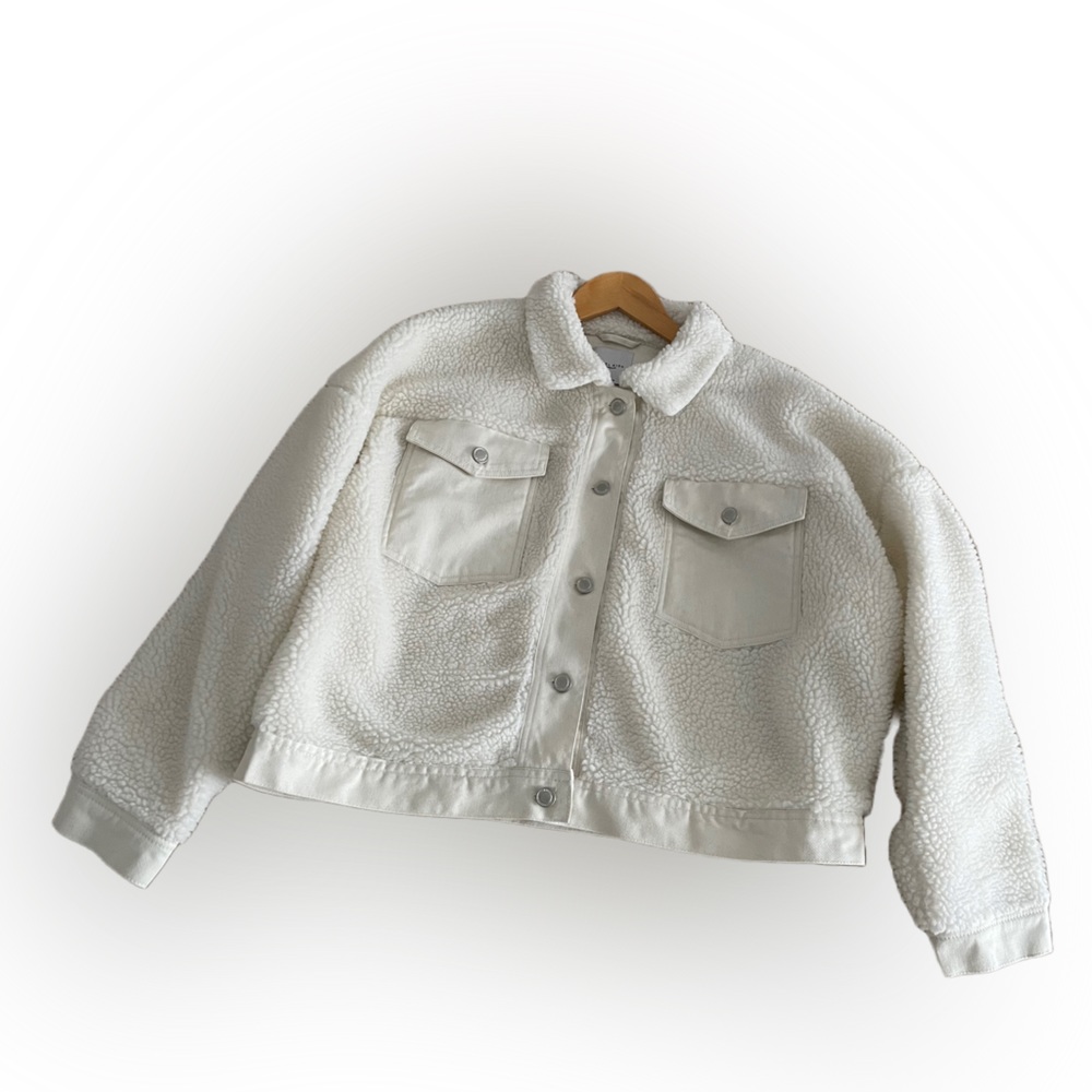 ANGEL KISS Teddy Sherpa & Denim Jacket Cropped Beige Women’s XL